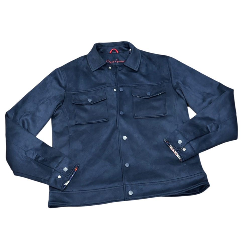 Robert Graham Navy Blue Suede Jacket snap Up Colorful Lined Interior Mens Medium